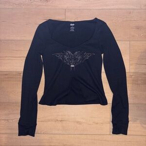 Black Long-Sleeve Scoop Neck Top with Decorative Front Detail